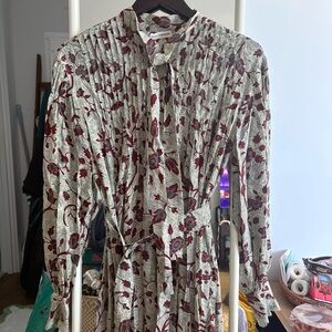Ulla Johnson Floral Tie-Neck Long Sleeve Dress in Burgundy and green